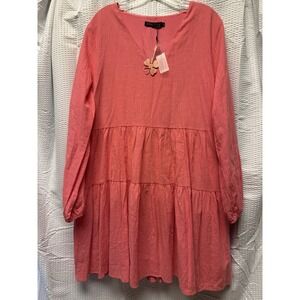 Fancyinn Pink Melon V Neck Long Sleeve Lined Tiered Peasant Dress Sz XL NWT Boho